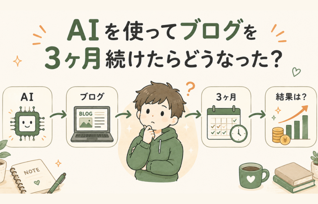 AI、ブログ、3ヶ月、結果の流れを矢印で示し、AIブログを続けた結果に疑問を持つ初心者向け図解