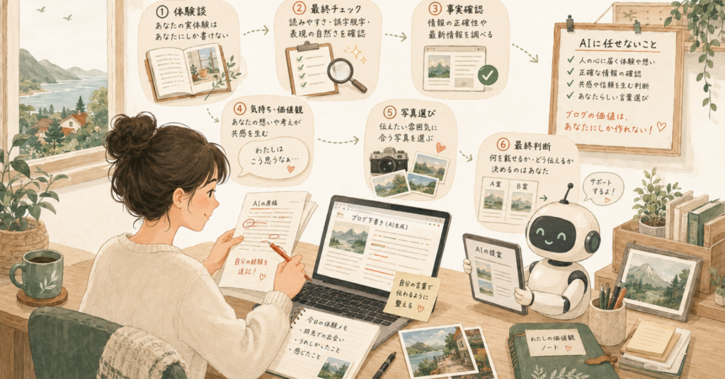 AIブログでも、体験談・最終チェック・事実確認・価値観・写真選び・最終判断は自分で行うことを表したイラスト