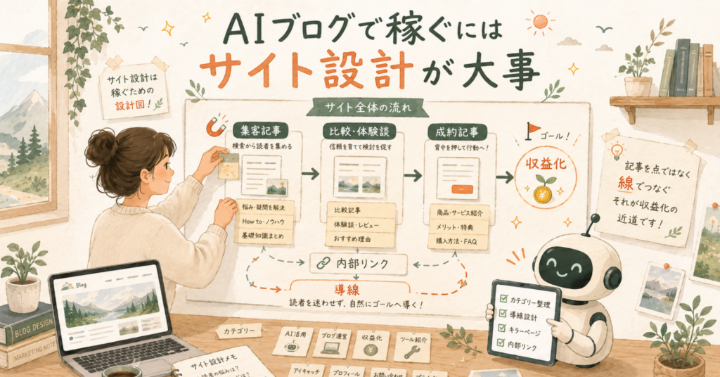 AIブログで収益化するために、集客記事・比較記事・成約記事を内部リンクでつなぐサイト設計の大切さを表したイラスト