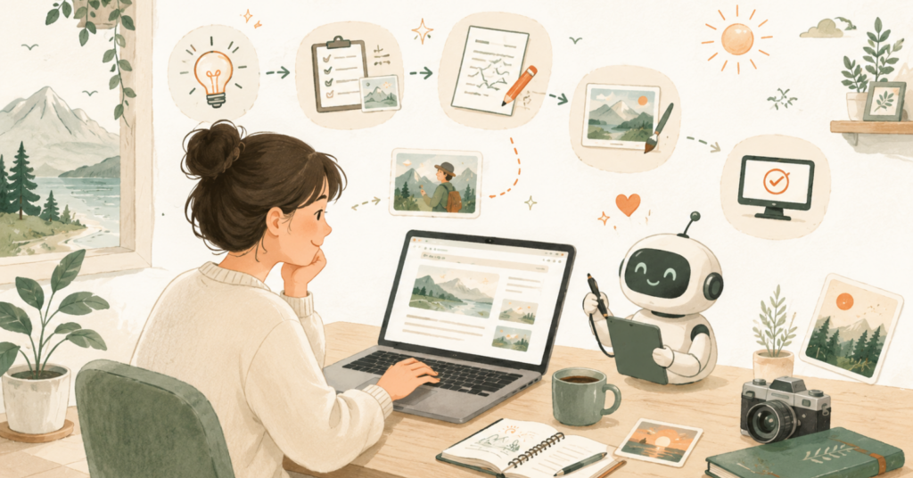 AIブログとは何かを、AIと一緒にブログ記事を作る様子でわかりやすく表したイラスト