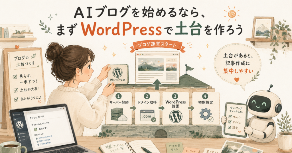AIブログを始める前に、サーバー契約・ドメイン取得・WordPress設置・初期設定でブログの土台を作る流れを表したイラスト
