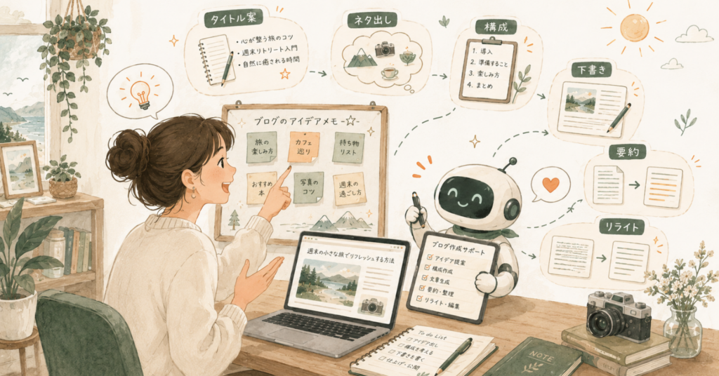 AIブログ作成で、タイトル案・ネタ出し・構成・下書き・要約・リライトをAIに任せられることを表したイラスト