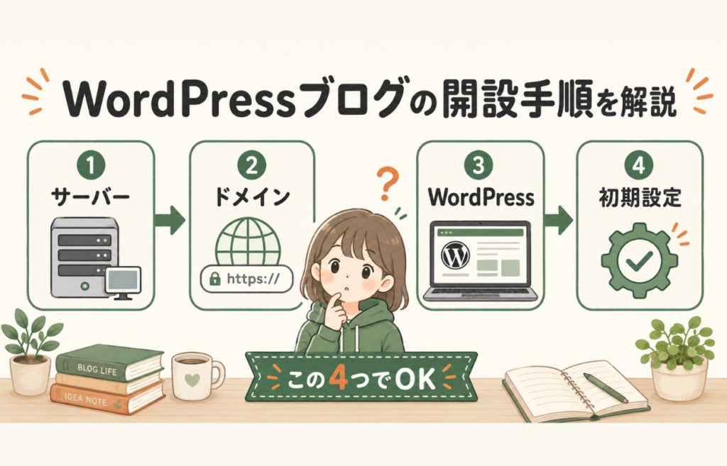 サーバー、ドメイン、WordPress、初期設定の順番でWordPressブログの開設手順を解説する図解