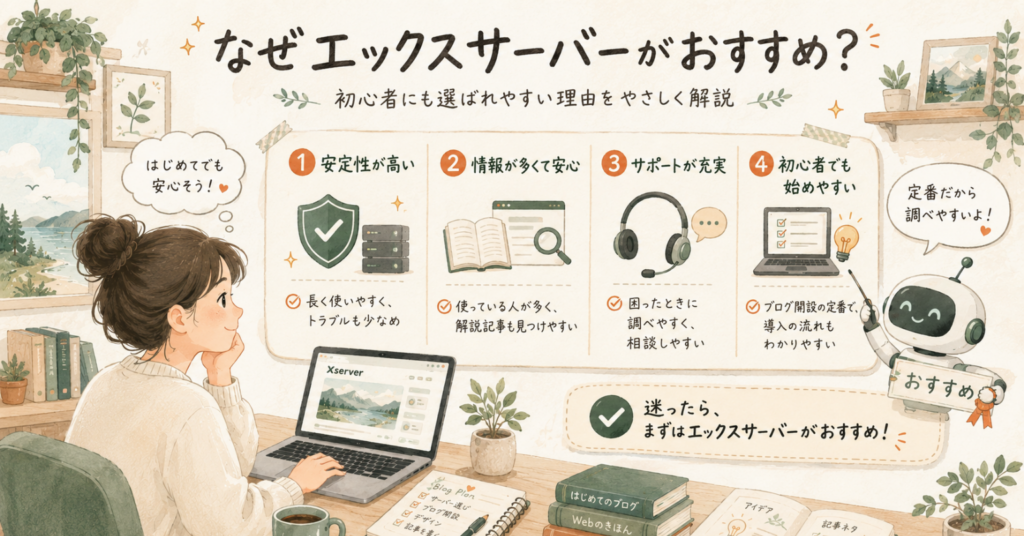 エックスサーバーが初心者におすすめな理由を、安定性・情報量・サポート・始めやすさで解説しているイラスト