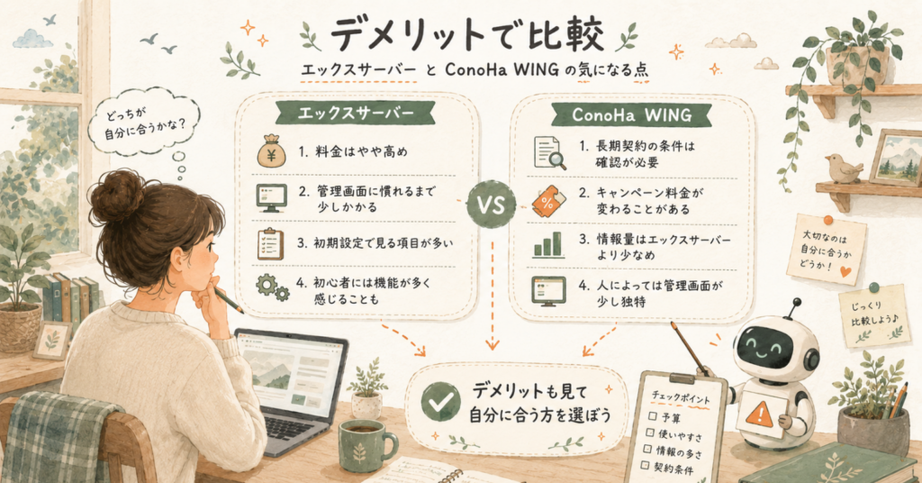 エックスサーバーとConoHa WINGのデメリットを見比べて、自分に合うサービスを選ぶイラスト