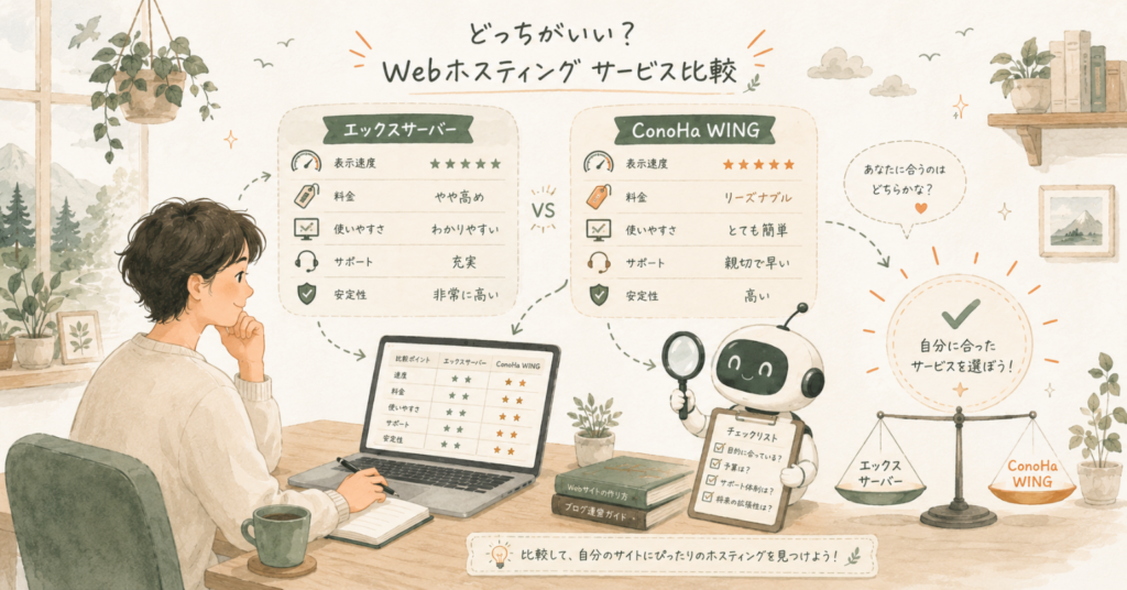 エックスサーバーとConoHa WINGの料金・使いやすさ・サポート・安定性を比較しているイラスト