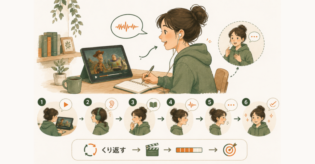 動画を見ながら英語音声を聞き、真似して声に出すシャドーイングの流れをわかりやすく表した画像