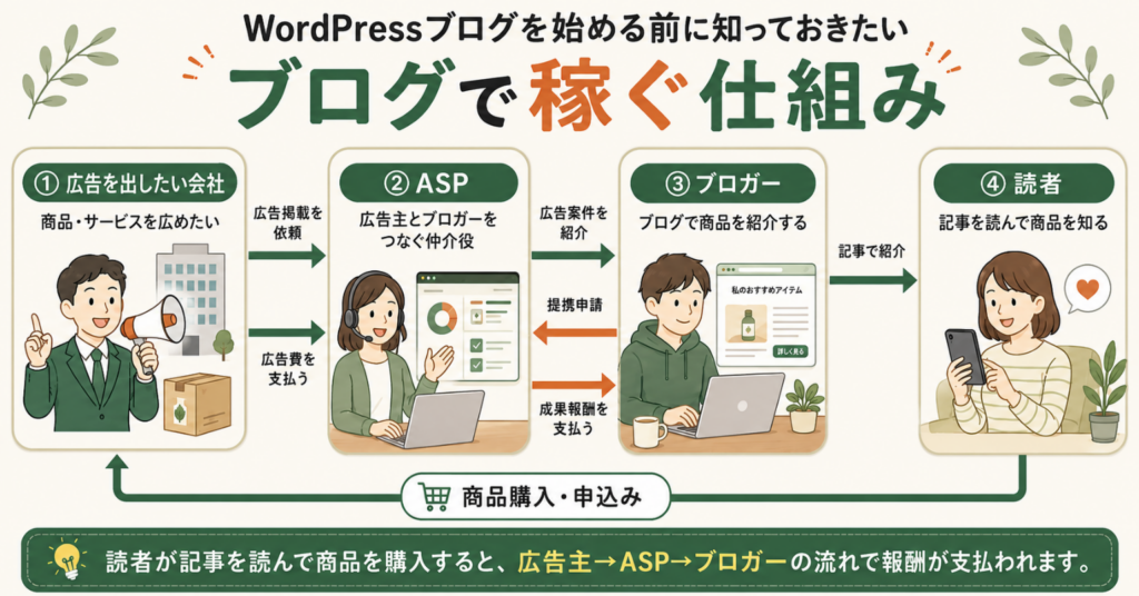 WordPressブログで稼ぐ仕組みを、広告を出したい会社、ASP、ブロガー、読者の4者と矢印でわかりやすく解説した図。