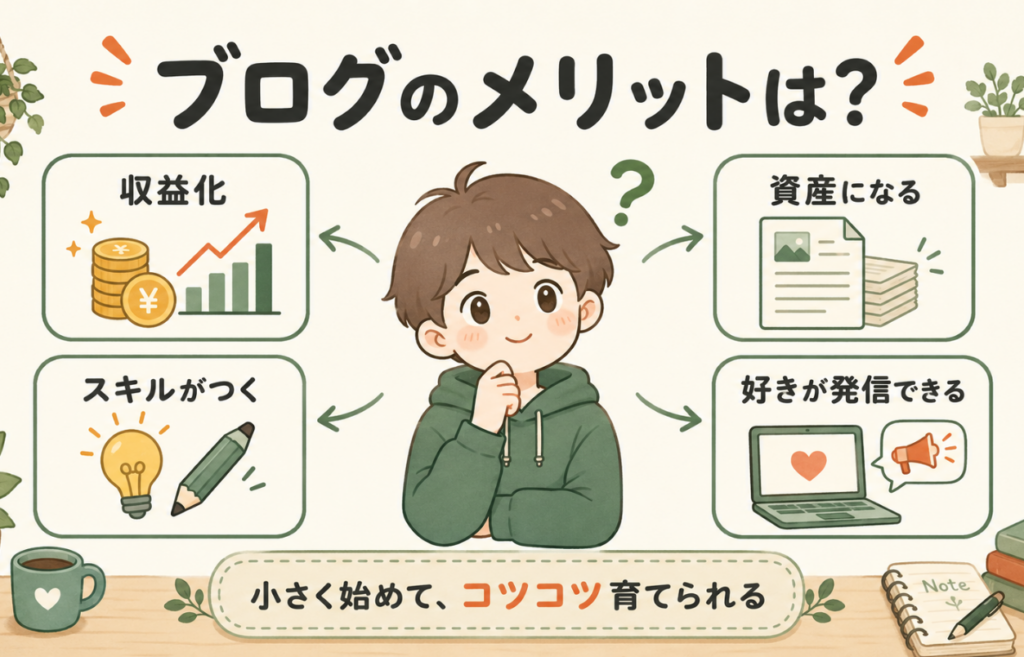 ブログのメリットとして収益化、資産になる、スキルがつく、好きが発信できることを示した初心者向け図解