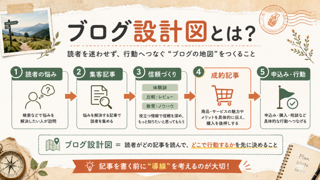 ブログ設計図とは何かを、読者の悩み、集客記事、信頼づくり、成約記事、申込み・行動の5ステップでわかりやすく示した図解
