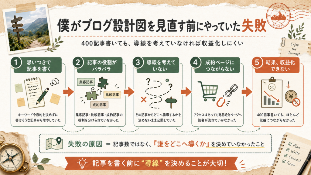ブログ設計図を見直す前にやっていた失敗を、思いつきで記事を書く、記事の役割がバラバラ、導線を考えていない、成約ページにつながらない、結果収益化できない、の5ステップで示した図解