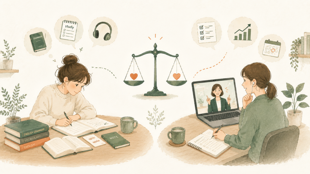 独学で英語を勉強する人とオンライン英語コーチングを受ける人を天秤で比較したイラスト