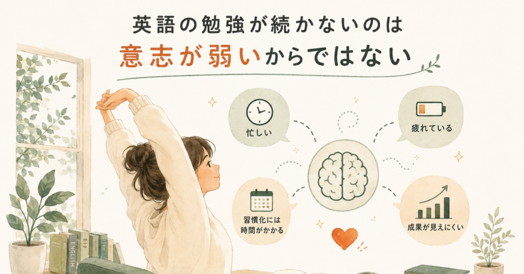 英語の勉強が続かない理由は意志の弱さだけでなく、忙しさや疲れ、習慣化に時間がかかることが関係していると説明するイラスト