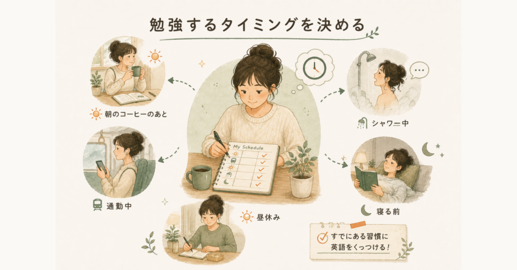 朝のコーヒー後や通勤中、昼休み、シャワー中、寝る前など、生活習慣に英語学習を組み込む方法を表したイラスト
