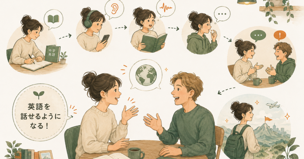 英語を話せるようになるために、基礎学習からリスニング、音読、会話練習へ進む流れを表したイラスト