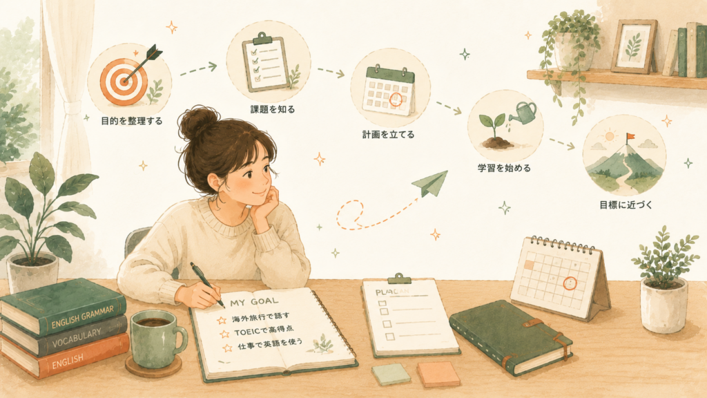 TOEIC、海外旅行、英会話、仕事など英語学習の目的を考えている人物のイラスト