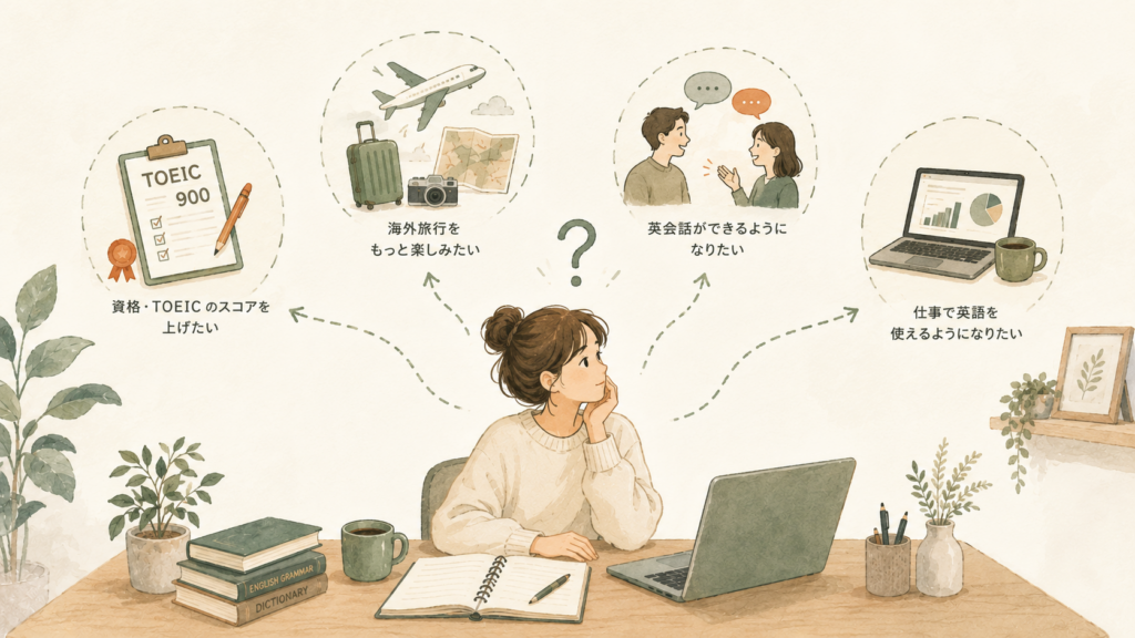 英語学習の目的をノートに書き出し、計画を立てながら目標に向かって進む様子のイラスト