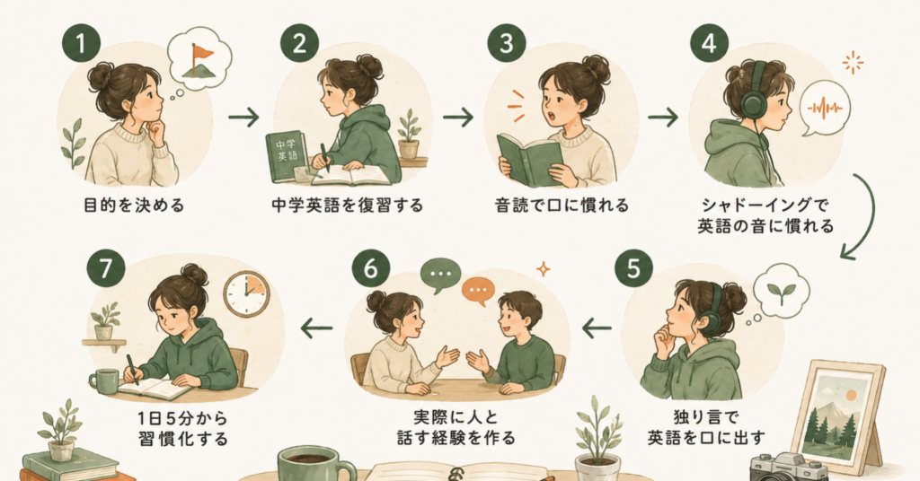 英語学習の目的決めから中学英語の復習、音読、シャドーイング、会話練習、習慣化までの流れをイラストでまとめた画像