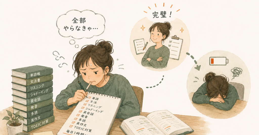 英語学習で単語や文法、リスニングなどを最初から完璧にやろうとして、途中で疲れてしまう様子を表したイラスト