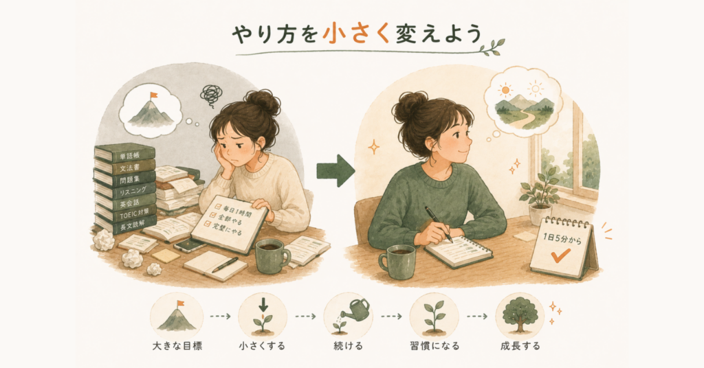 英語学習で大きな目標に疲れた人が、1日5分から始めるなどやり方を小さく変えて継続しやすくする様子を表したイラスト