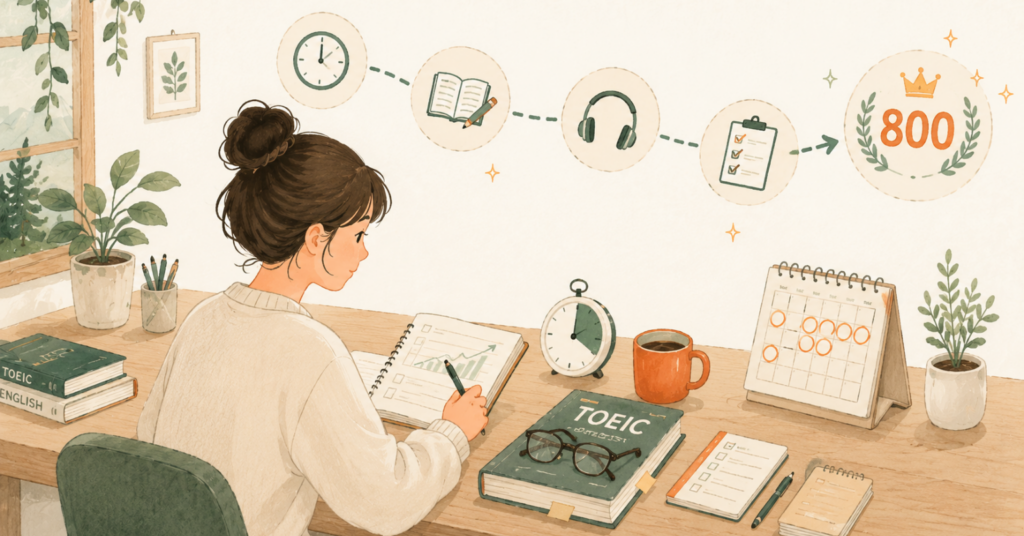 TOEIC800点を目指して、時計・教材・リスニング・チェックリストを使いながら学習計画を立てているイラスト