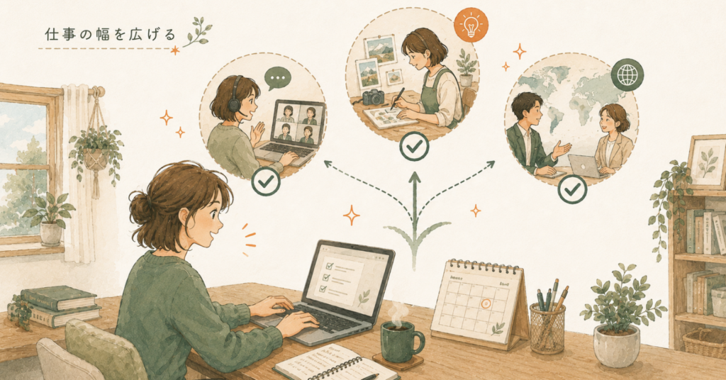 TOEIC学習をきっかけにオンライン会議やクリエイティブな仕事、海外との仕事へ可能性が広がるイラスト