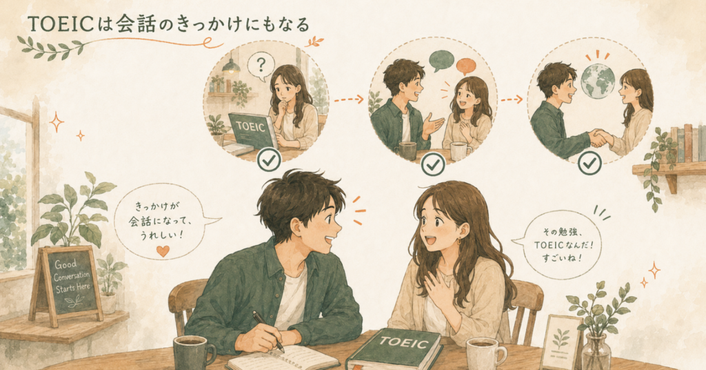 TOEICの勉強をきっかけに自然な会話が生まれ、人とのつながりが広がる様子