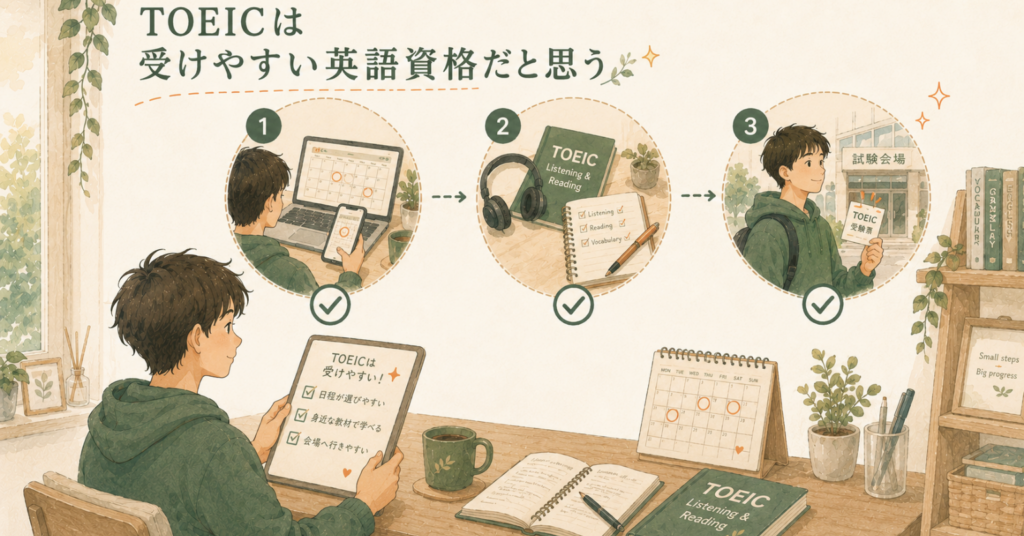 TOEICは日程や教材が選びやすく、英語資格として受験しやすいことを表したイラスト