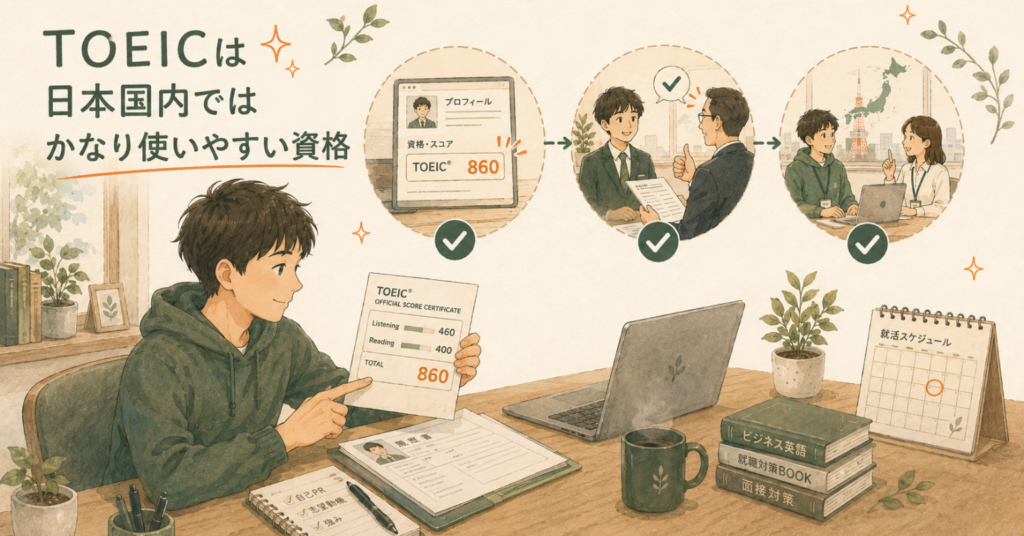TOEICスコアを履歴書や就活、国内の仕事で活用しやすいことを表したイラスト