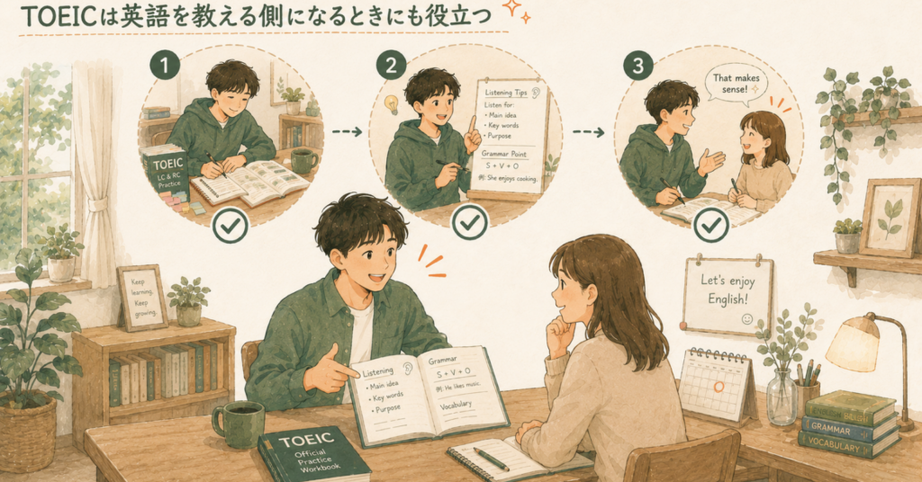 TOEICで身につけた英語力を使って、英語を教える側として説明しているイラスト
