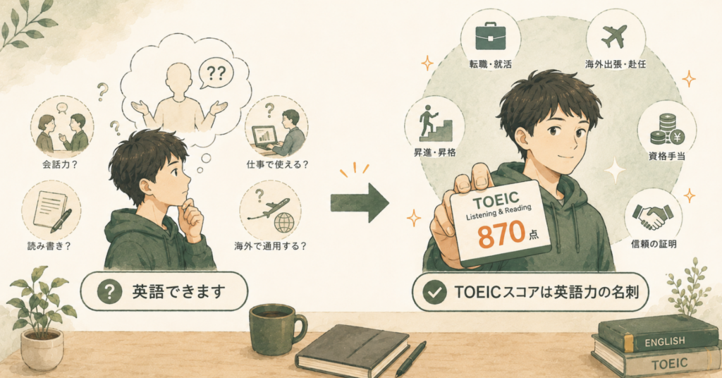 TOEICスコア870点を提示し、英語力を仕事や就活で伝えやすくなる様子