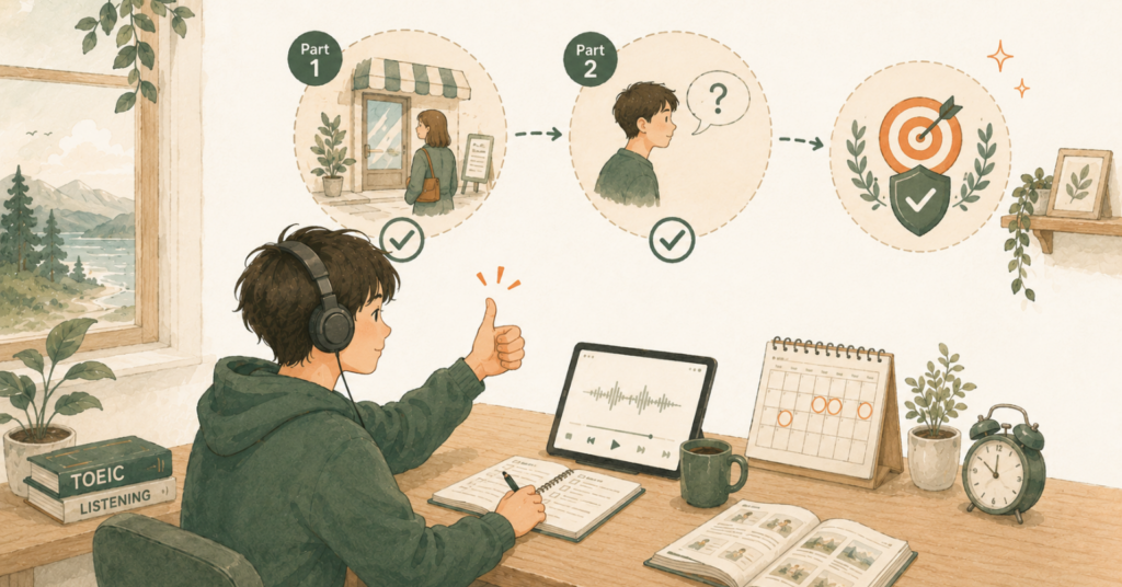 TOEICリスニングでPart1とPart2を落とさない意識を持ち、音声を聞きながら対策しているイラスト