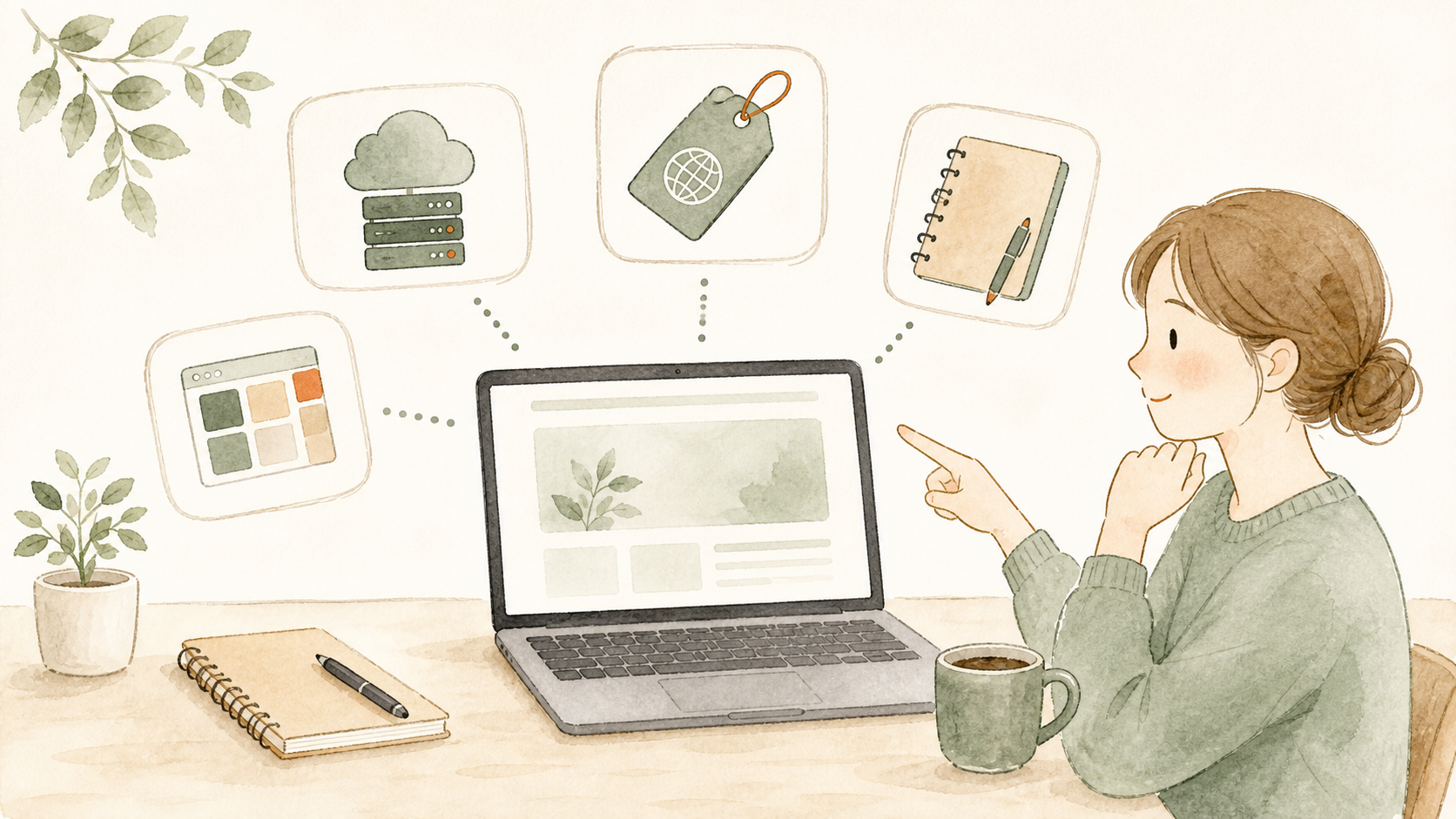 パソコンの周りにサーバーやドメインなど必要な費用項目を並べたイラスト