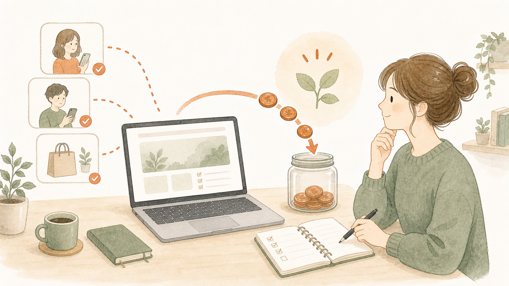 ブログから生まれた成約のチェックとコインで初期費用を回収していくイラスト
