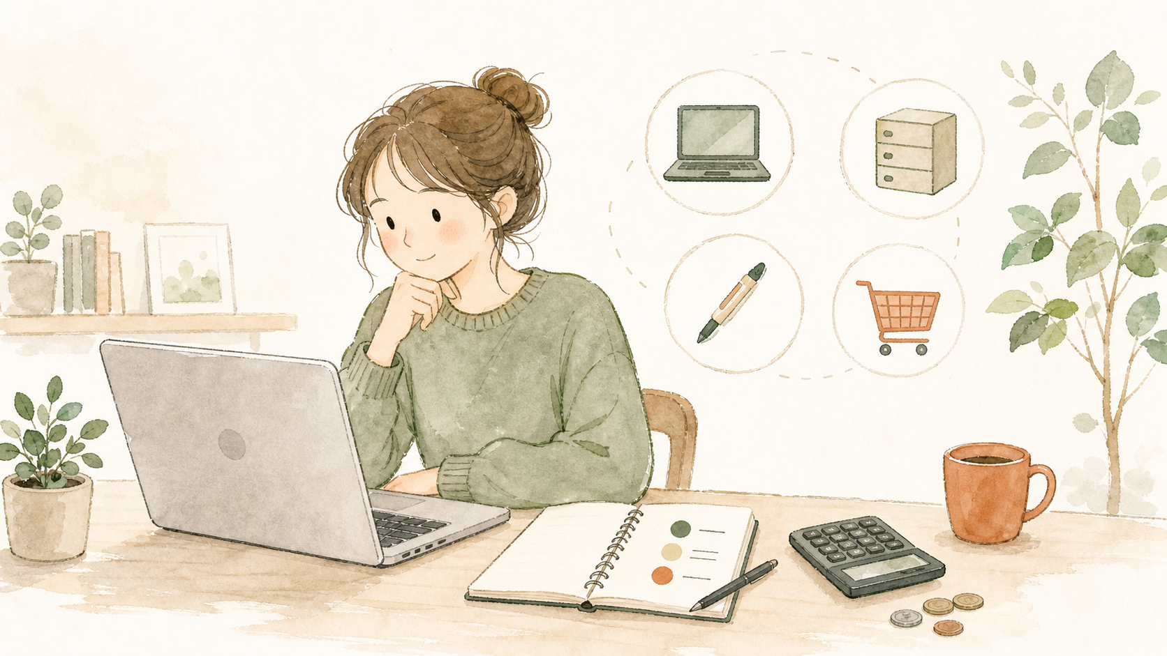 アフィリエイトを始める前に、パソコンと電卓で初期費用を確認しているイラスト