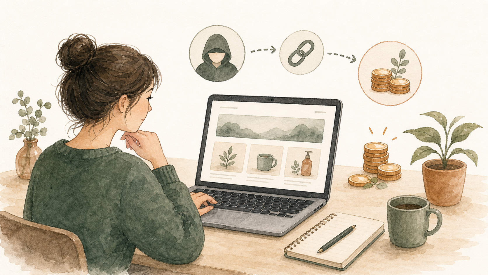 匿名のブログ画面とリンク、コインを見ながらアフィリエイト収益化を考えるイラスト