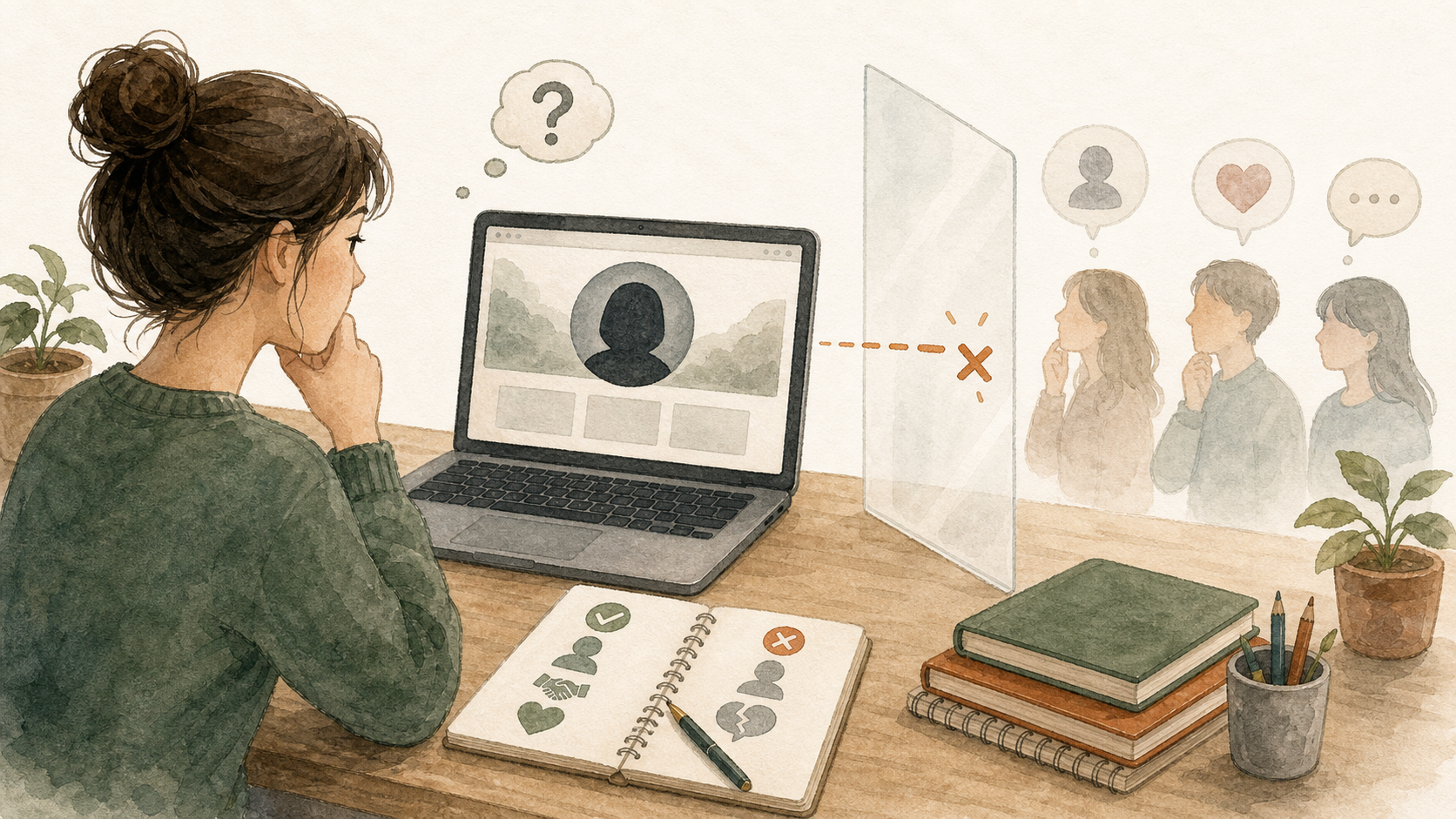 読者との距離や信頼づくりの難しさを、匿名プロフィールとブログ画面で表すイラスト