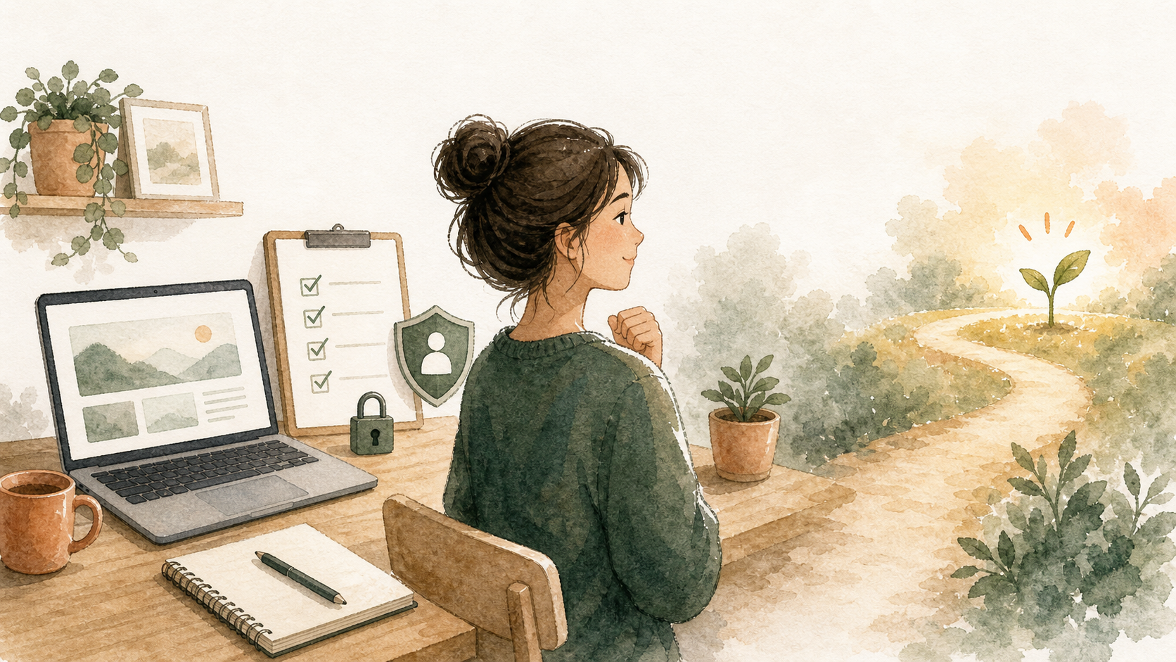 チェック済みのノートと鍵をそばに置き、身バレ対策をしてブログを始めるイラスト