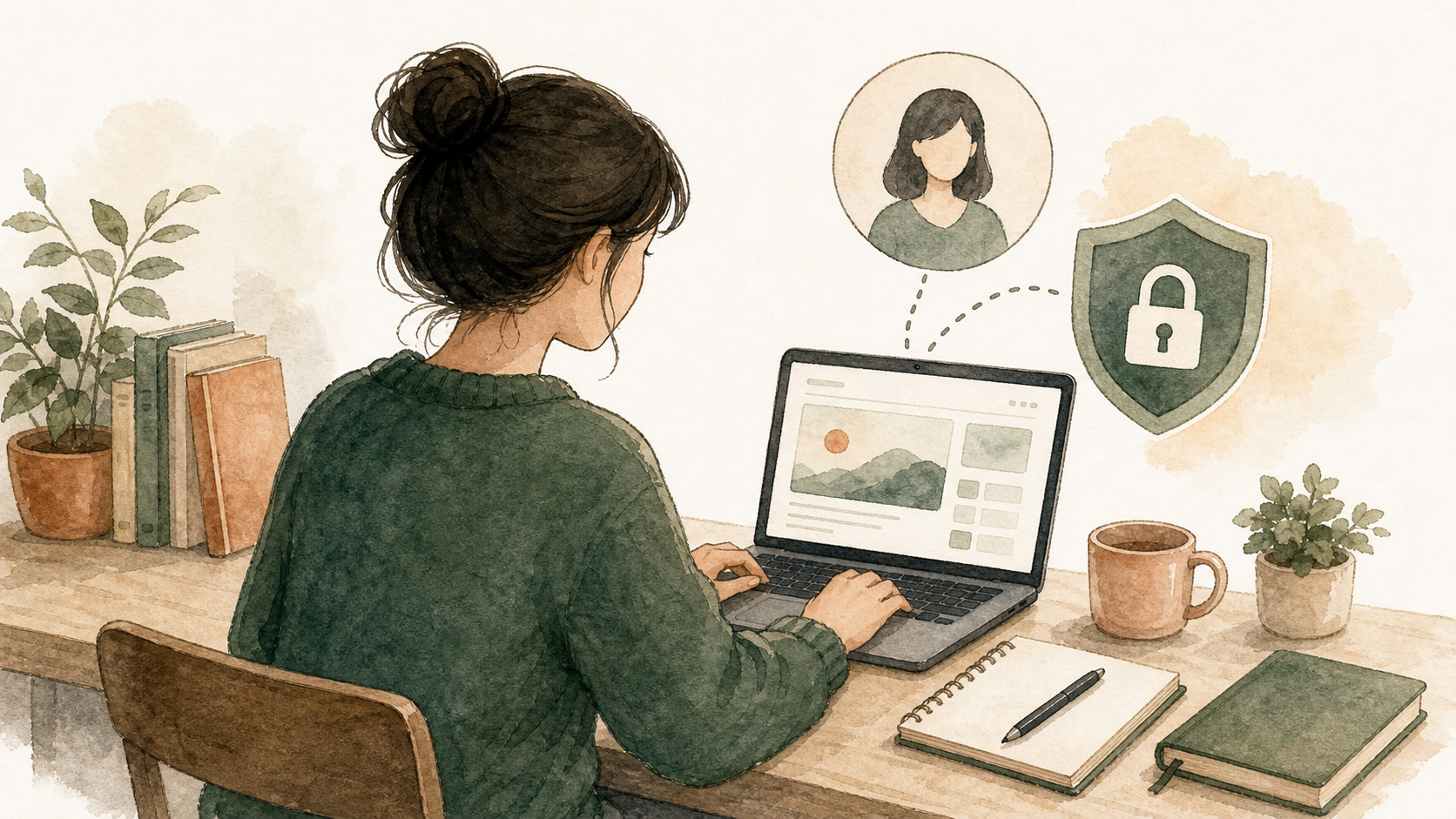 顔を出さずにパソコンとノートで、匿名ブログを始める準備をしているイラスト