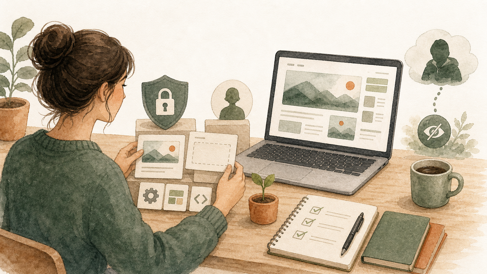 鍵や設定アイコンと一緒に、匿名でWordPressブログを作り始める準備をしているイラスト