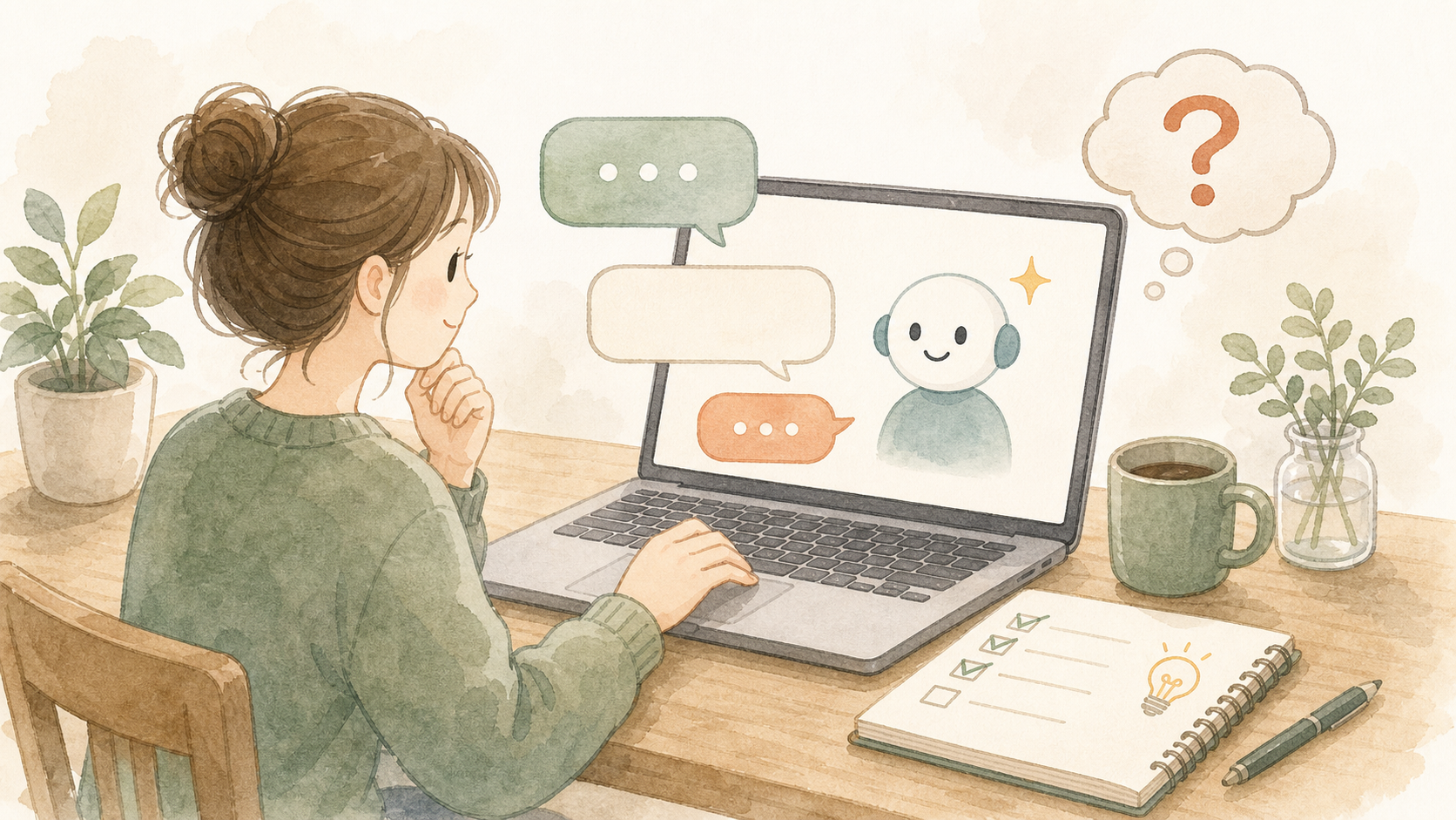 初心者がパソコンのAI相談画面を見ながら、ブログを始める手順を質問しているイラスト