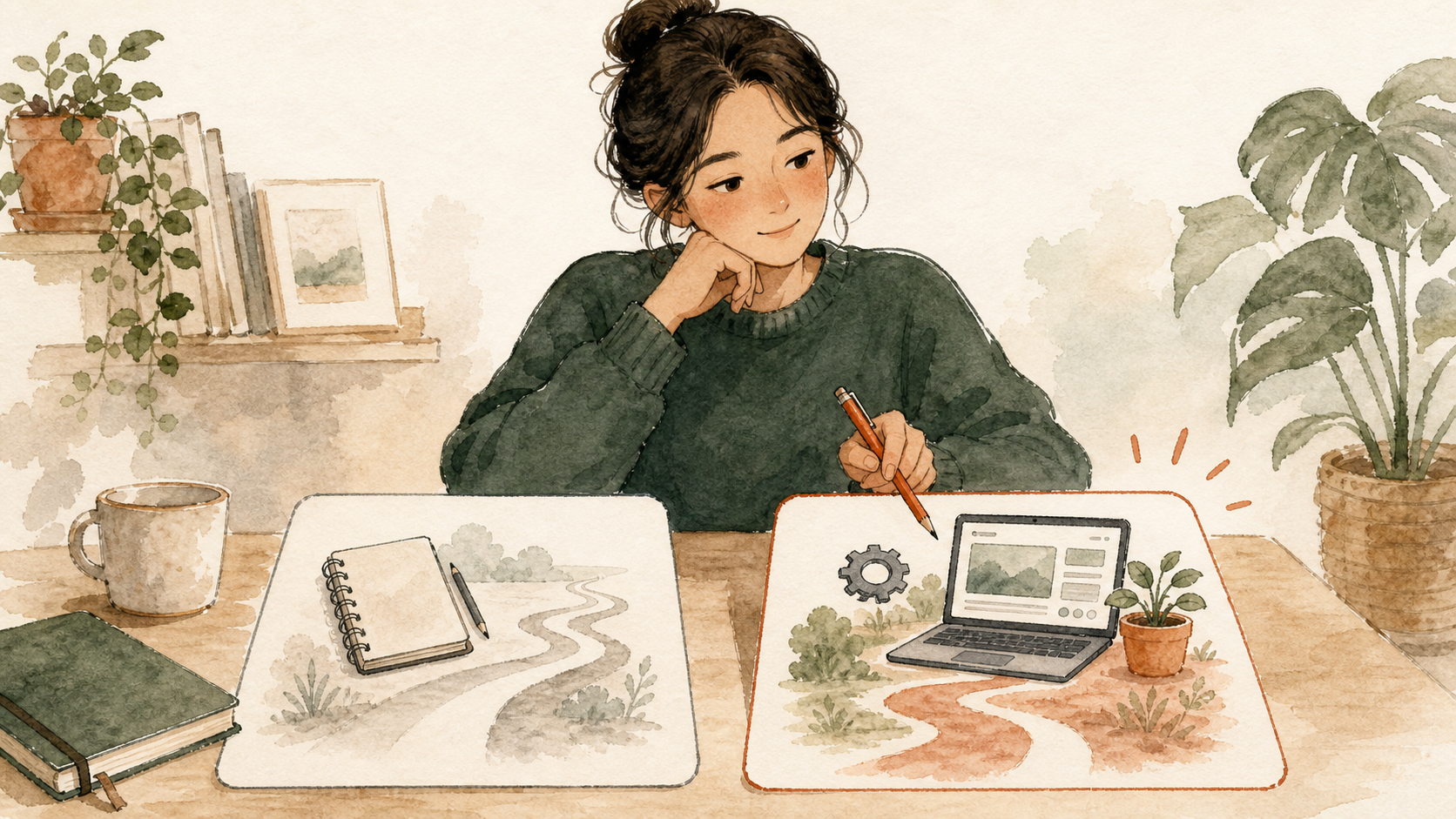 無料ブログとWordPressの2つの道を見比べ、WordPressを選ぼうとしているイラスト