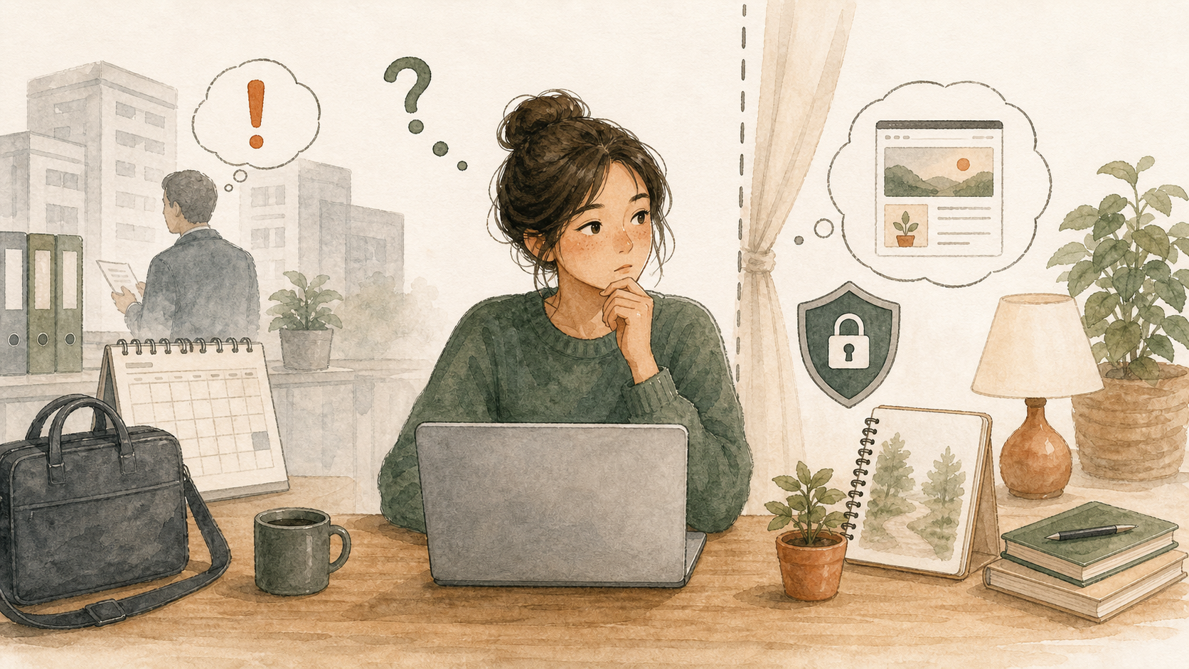 仕事用の持ち物とブログ用のパソコンを分け、会社にバレる可能性を考えるイラスト