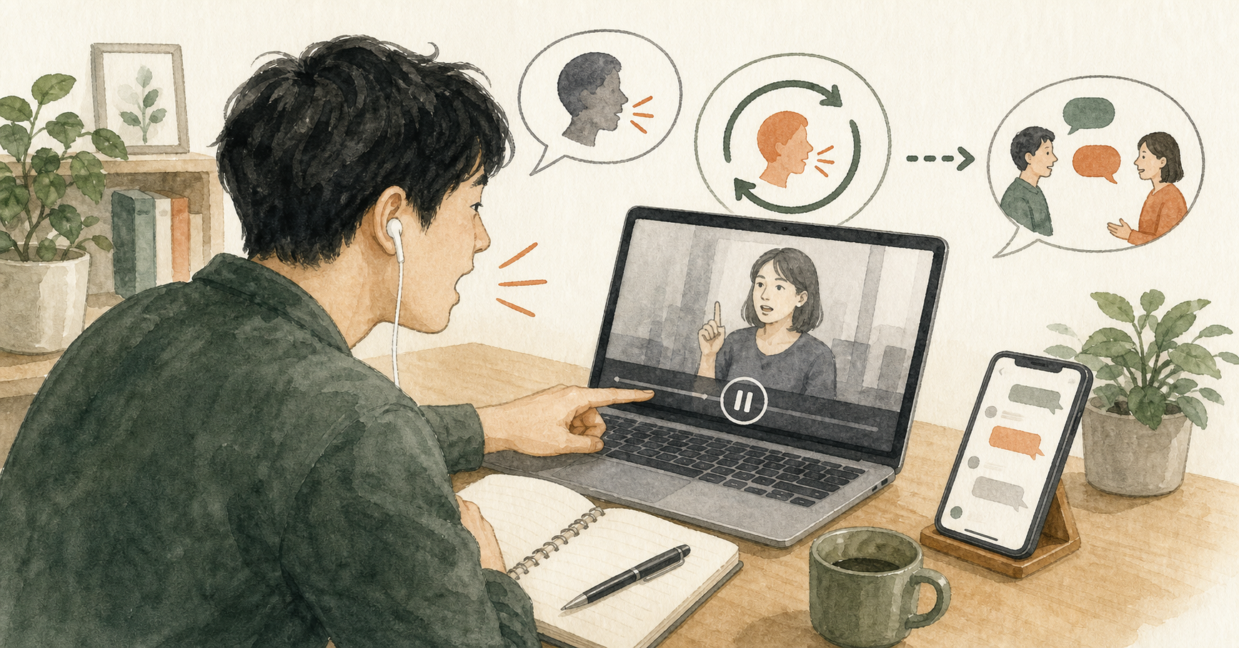 英語動画を見ながら一文ずつ止めて声に出し、話す機会を作っているイラスト