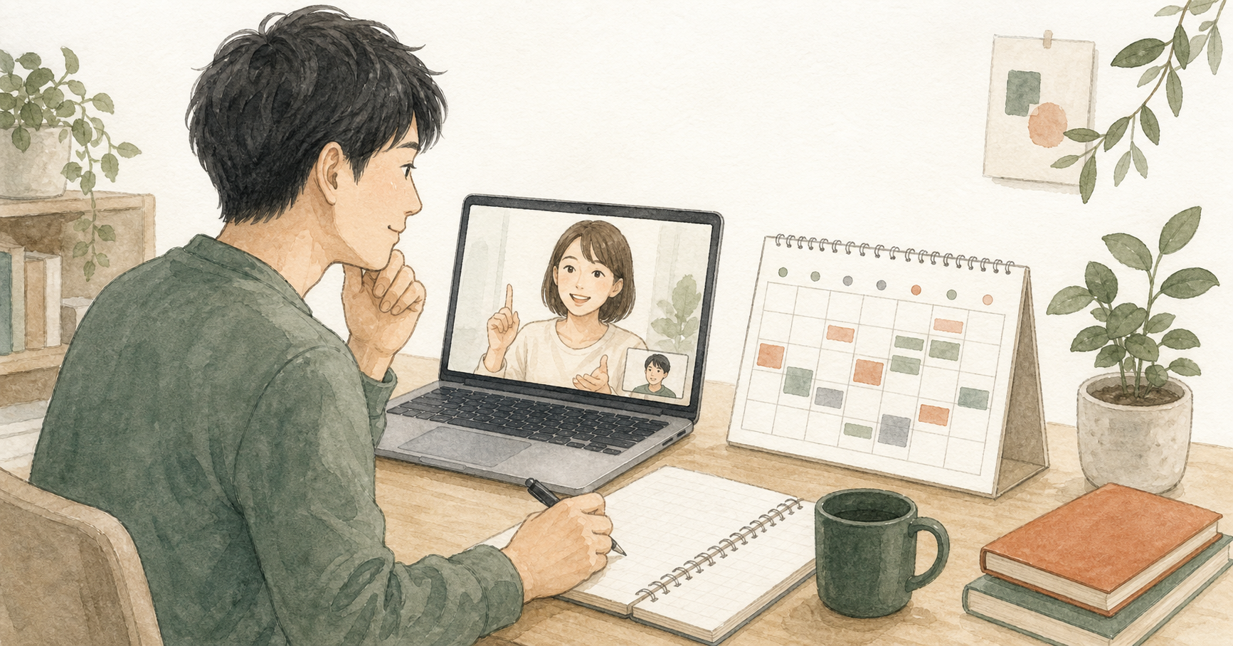 オンライン英語コーチングで学習計画を相談しているイラスト