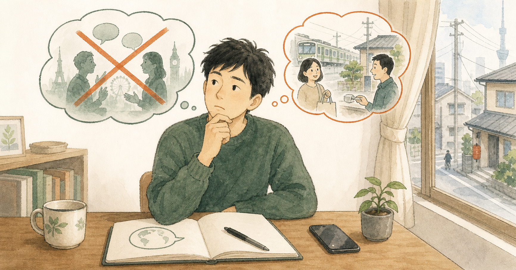 帰国後に日本で英語を使う機会が減り、英語力維持に悩む人のイラスト
