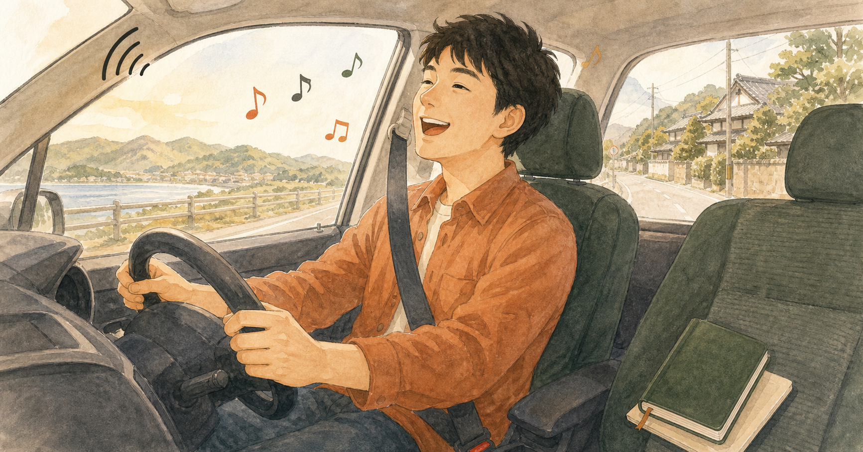 車の中で洋楽を歌いながら、楽しく英語に触れているイラスト
