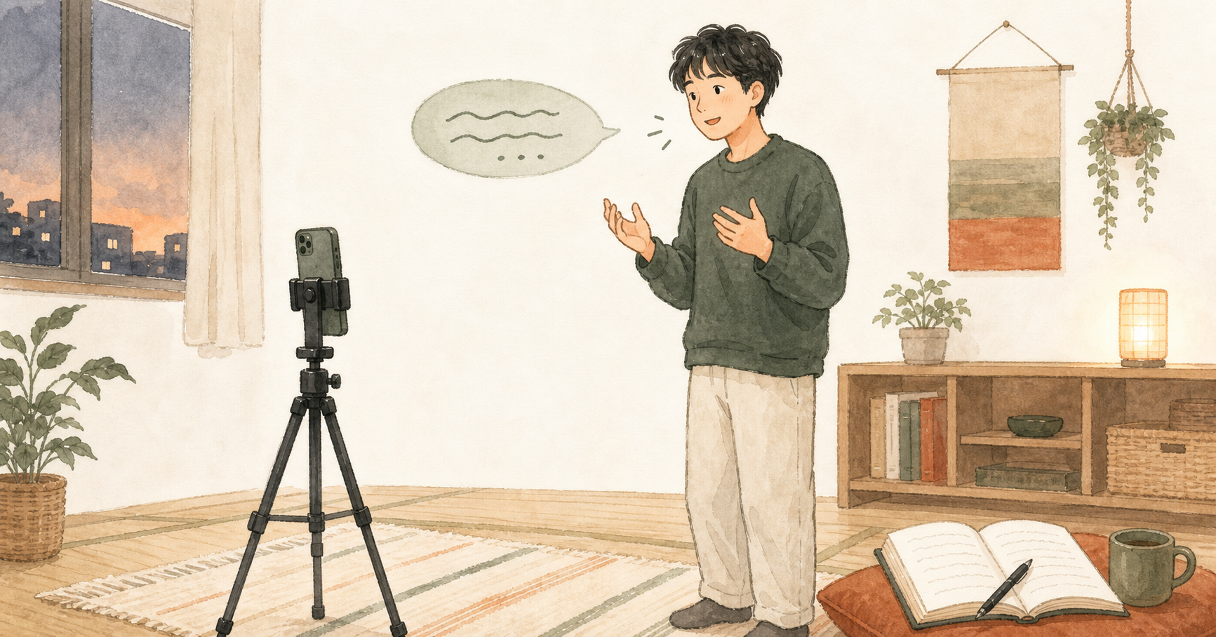 スマホで自分を撮りながら英語の独り言でスピーキング練習をするイラスト