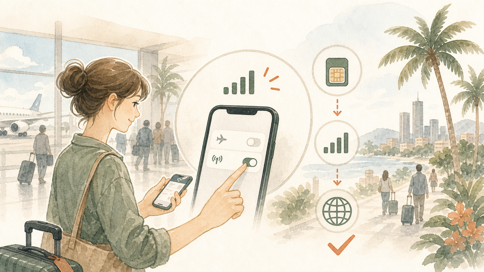 海外の空港に到着した旅行者がスマホの通信設定を確認しているイラスト