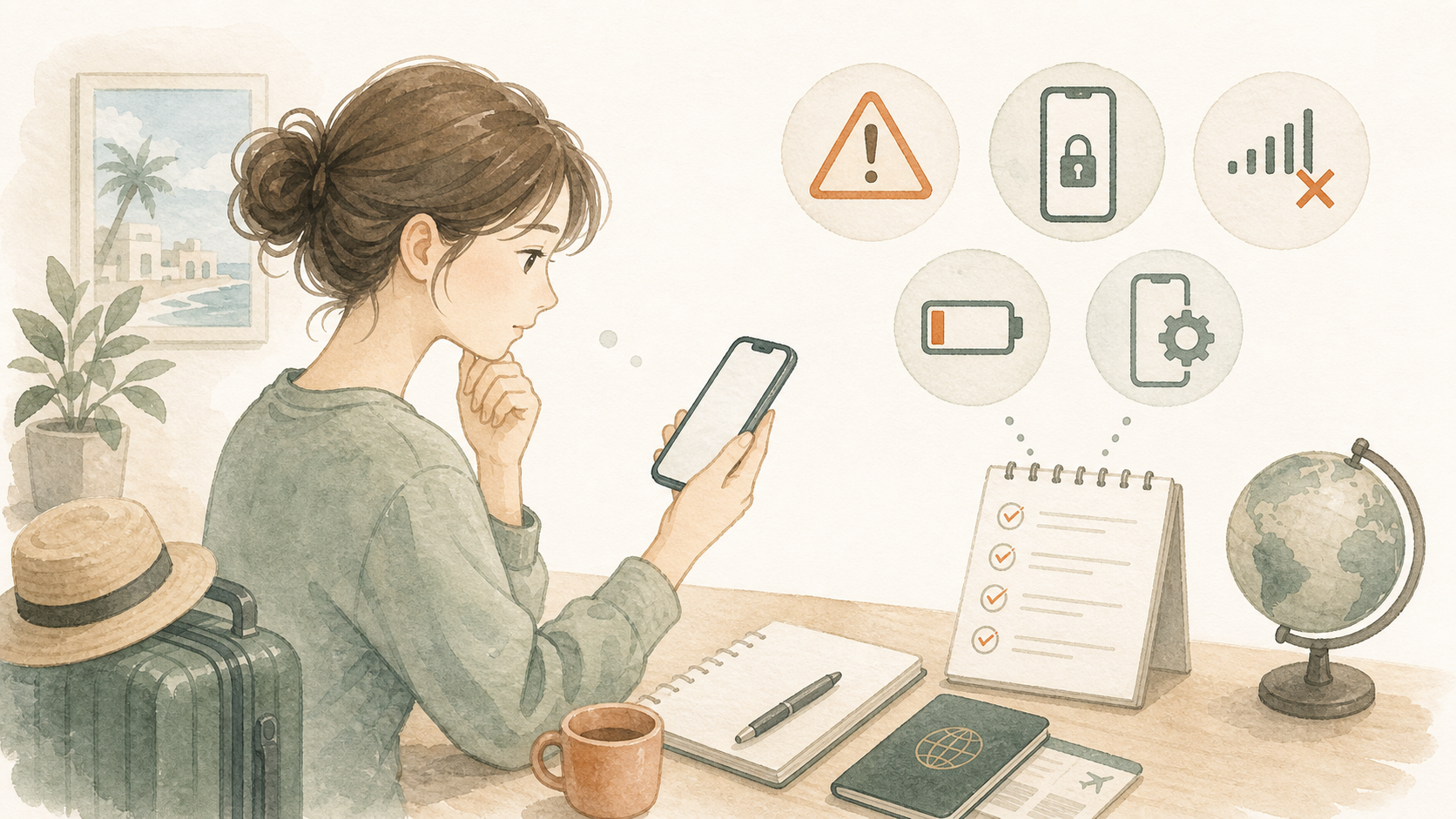 旅行前にスマホとチェックリストを見ながらeSIMの注意点を確認するイラスト
